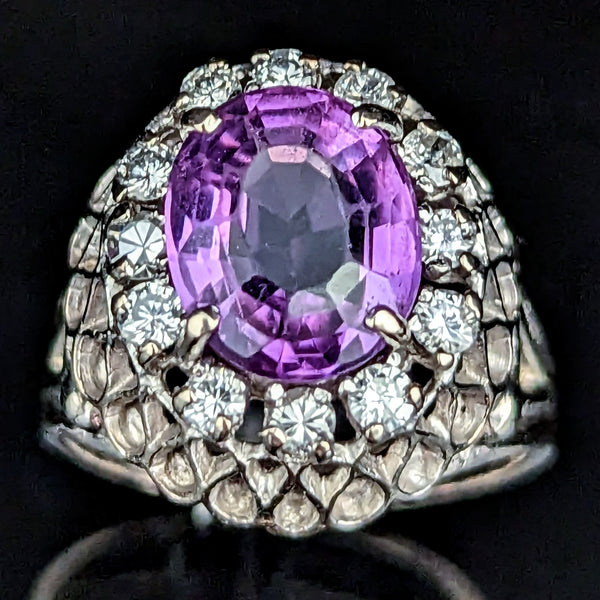 1950s Amethyst Diamond 14k White Gold Cocktail Dome Ring Boule Vintage Retro