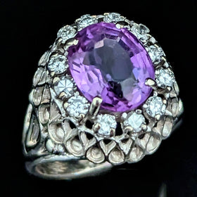 1950s Amethyst Diamond 14k White Gold Cocktail Dome Ring Boule Vintage Retro