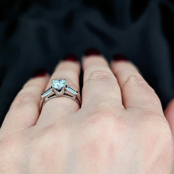 1950s GIA Vintage Round Brilliant Cut Diamond Baguette Platinum Engagement Ring