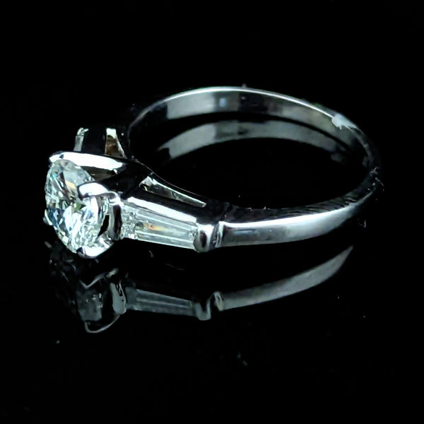 1950s GIA Vintage Round Brilliant Cut Diamond Baguette Platinum Engagement Ring