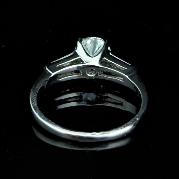 1950s GIA Vintage Round Brilliant Cut Diamond Baguette Platinum Engagement Ring