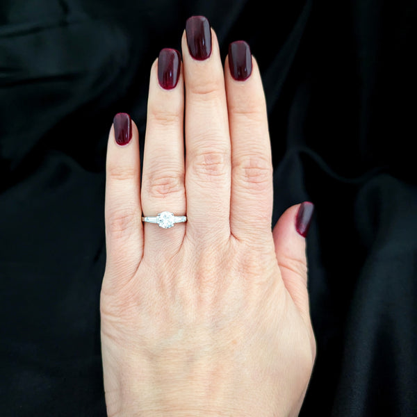 1950s GIA Vintage Round Brilliant Cut Diamond Baguette Platinum Engagement Ring