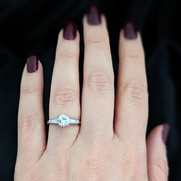 1950s GIA Vintage Round Brilliant Cut Diamond Baguette Platinum Engagement Ring