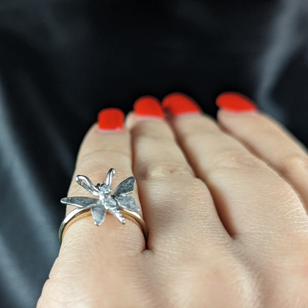 1960s Diamond 14k White Yellow Gold Butterfly Ring Florentine Vintage Retro Gift