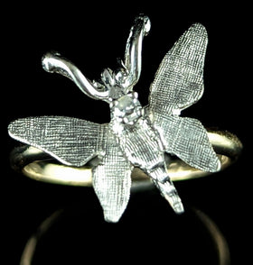 1960s Diamond 14k White Yellow Gold Butterfly Ring Florentine Vintage Retro Gift