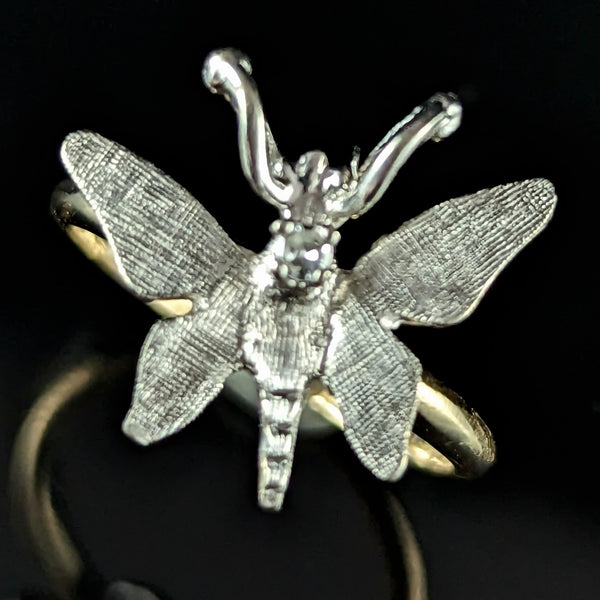 1960s Diamond 14k White Yellow Gold Butterfly Ring Florentine Vintage Retro Gift