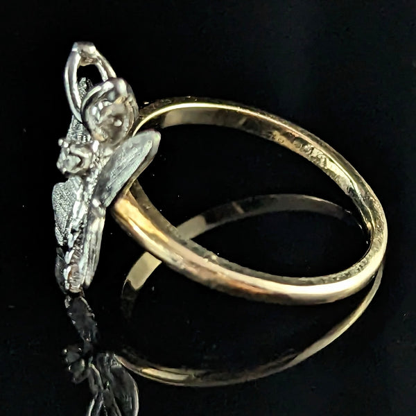 1960s Diamond 14k White Yellow Gold Butterfly Ring Florentine Vintage Retro Gift