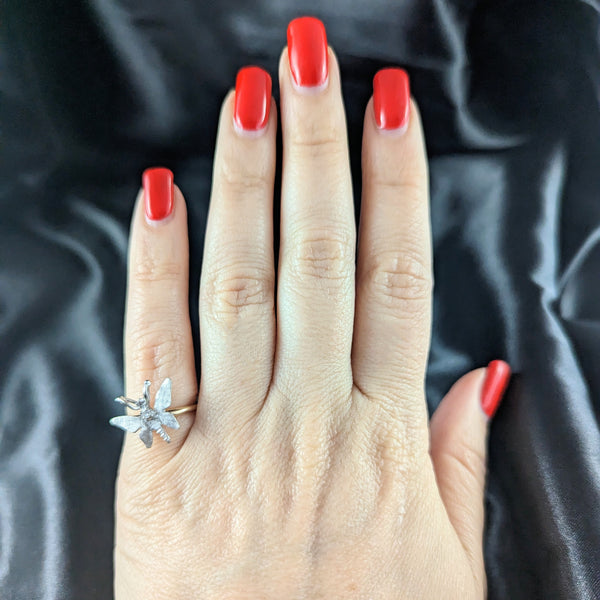 1960s Diamond 14k White Yellow Gold Butterfly Ring Florentine Vintage Retro Gift