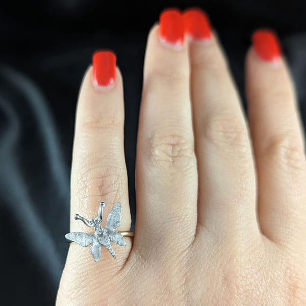 1960s Diamond 14k White Yellow Gold Butterfly Ring Florentine Vintage Retro Gift