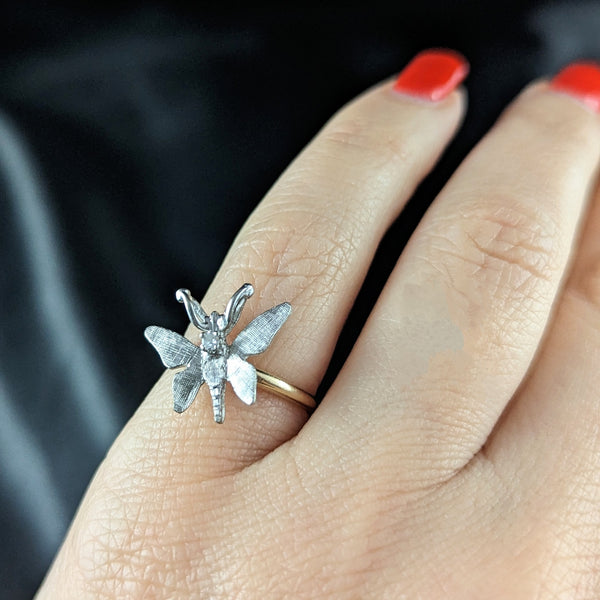 1960s Diamond 14k White Yellow Gold Butterfly Ring Florentine Vintage Retro Gift