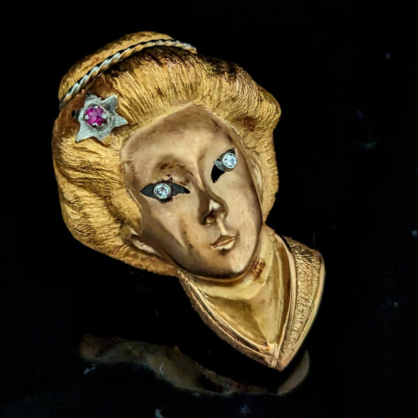 1960s Vintage Diamond Ruby 18k Yellow Gold Japanese Kabuki Geisha Brooch Retro