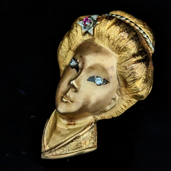 1960s Vintage Diamond Ruby 18k Yellow Gold Japanese Kabuki Geisha Brooch Retro