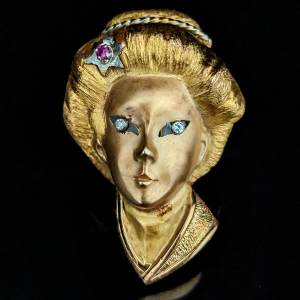 1960s Vintage Diamond Ruby 18k Yellow Gold Japanese Kabuki Geisha Brooch Retro