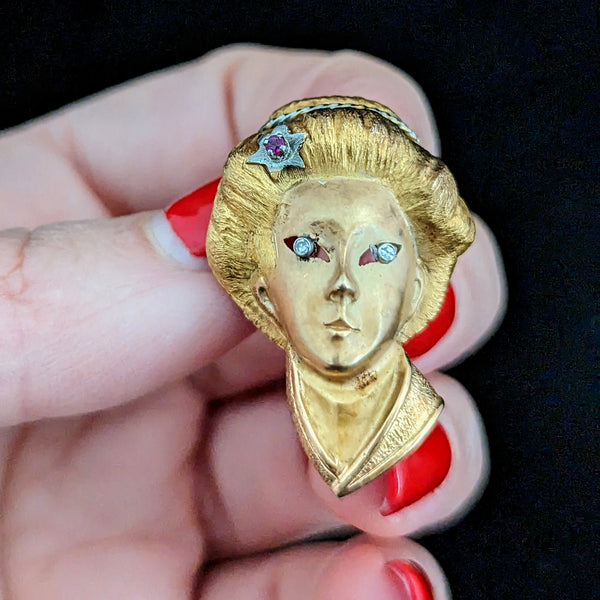 1960s Vintage Diamond Ruby 18k Yellow Gold Japanese Kabuki Geisha Brooch Retro