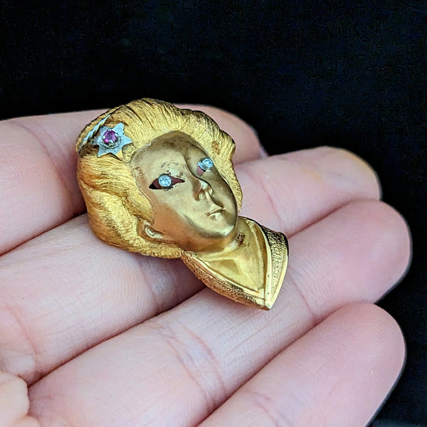 1960s Vintage Diamond Ruby 18k Yellow Gold Japanese Kabuki Geisha Brooch Retro