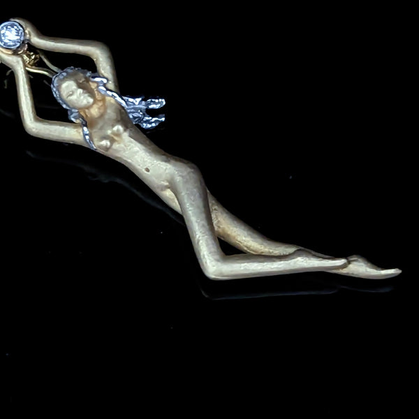 1970s Diamond 18k Yellow White Gold Pendant 14k Chain Woman Vintage Necklace