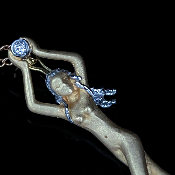 1970s Diamond 18k Yellow White Gold Pendant 14k Chain Woman Vintage Necklace