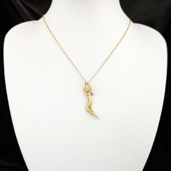 1970s Diamond 18k Yellow White Gold Pendant 14k Chain Woman Vintage Necklace
