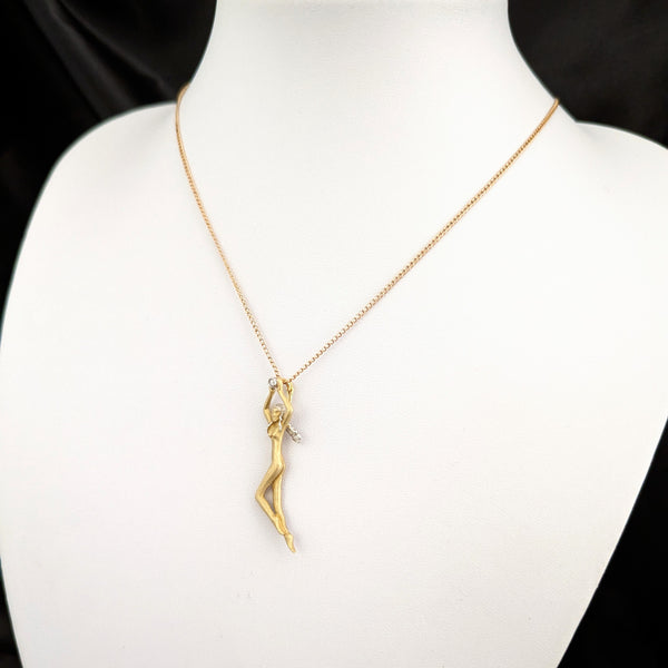 1970s Diamond 18k Yellow White Gold Pendant 14k Chain Woman Vintage Necklace