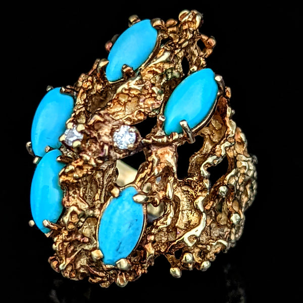1970s Diamond Turquoise 14k Gold Ring Cocktail Vintage Brutalist Modernistic