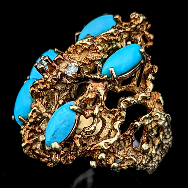 1970s Diamond Turquoise 14k Gold Ring Cocktail Vintage Brutalist Modernistic