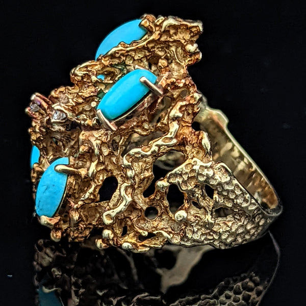 1970s Diamond Turquoise 14k Gold Ring Cocktail Vintage Brutalist Modernistic