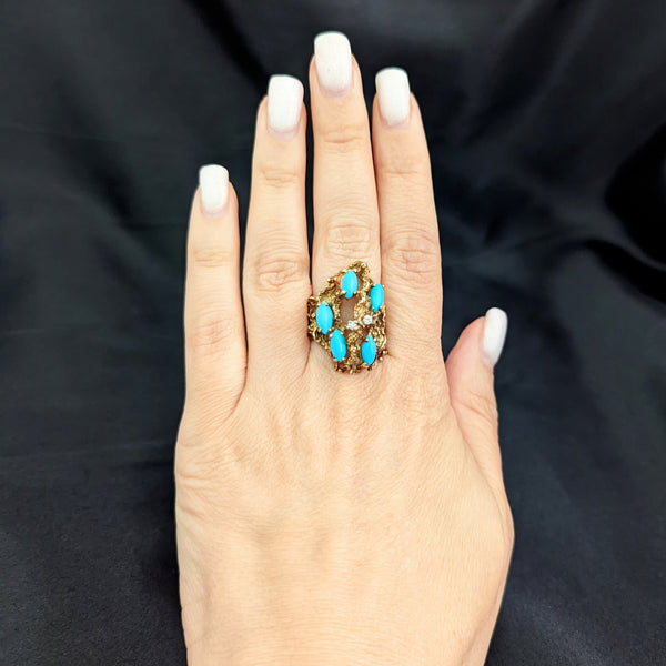 1970s Diamond Turquoise 14k Gold Ring Cocktail Vintage Brutalist Modernistic