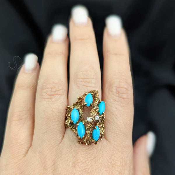 1970s Diamond Turquoise 14k Gold Ring Cocktail Vintage Brutalist Modernistic