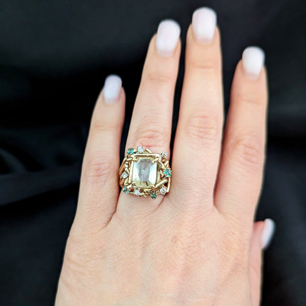 1970s GIA Graded UNHEATED 3.36 carat Yellow Sapphire Emerald Diamond 14k Gold Cocktail Ring Brutalist Gift 