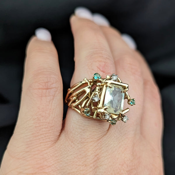 1970s GIA Graded UNHEATED 3.36 carat Yellow Sapphire Emerald Diamond 14k Gold Cocktail Ring Brutalist Gift 