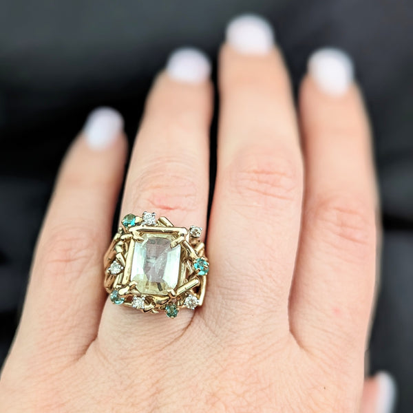 1970s GIA Graded UNHEATED 3.36 carat Yellow Sapphire Emerald Diamond 14k Gold Cocktail Ring Brutalist Gift 