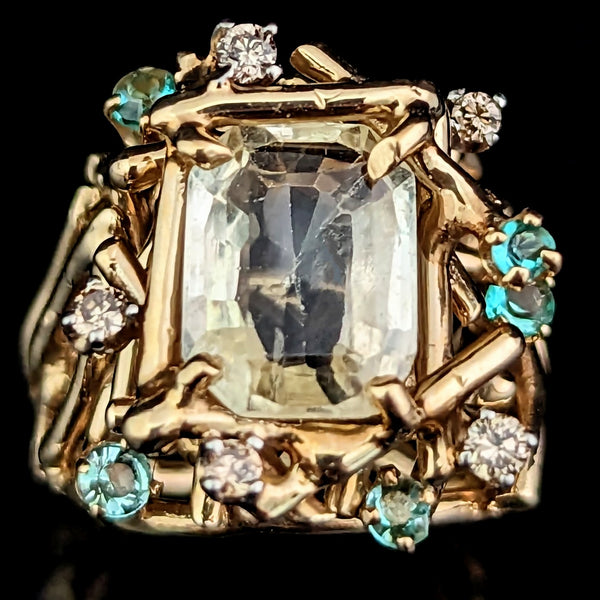 1970s GIA Graded UNHEATED 3.36 carat Yellow Sapphire Emerald Diamond 14k Gold Cocktail Ring Brutalist Gift 