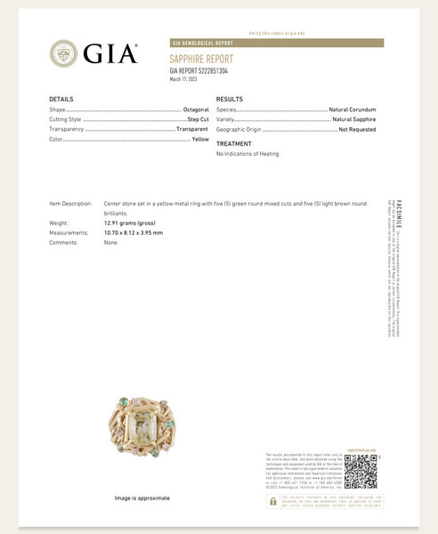 1970s GIA Graded UNHEATED 3.36 carat Yellow Sapphire Emerald Diamond 14k Gold Cocktail Ring Brutalist Gift 