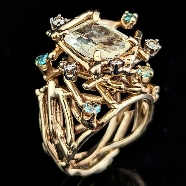 1970s GIA Graded UNHEATED 3.36 carat Yellow Sapphire Emerald Diamond 14k Gold Cocktail Ring Brutalist Gift 