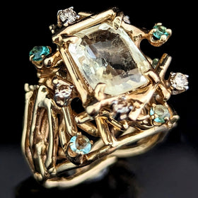 1970s GIA Graded UNHEATED 3.36 carat Yellow Sapphire Emerald Diamond 14k Gold Cocktail Ring Brutalist Gift 