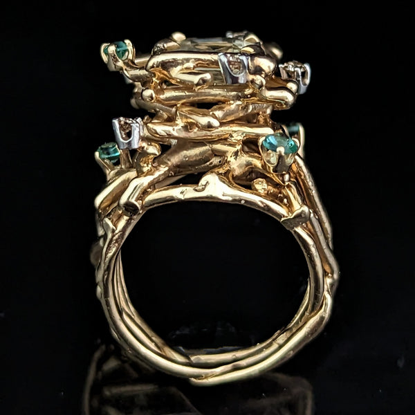 1970s GIA Graded UNHEATED 3.36 carat Yellow Sapphire Emerald Diamond 14k Gold Cocktail Ring Brutalist Gift 