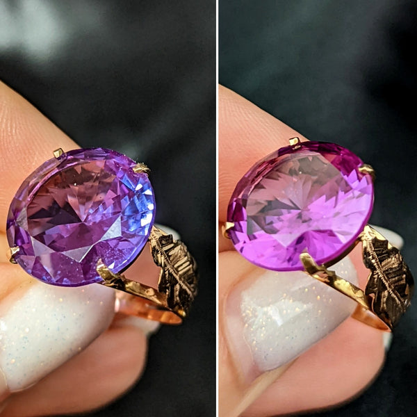 EGYPTIAN LAB CREATED COLOR CHANGE ALEXANDRITE 14K GOLD COCKTAIL RING 1976