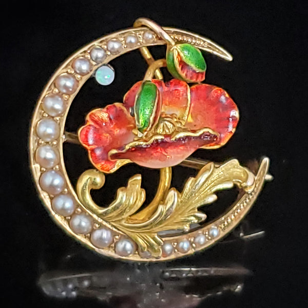 Art Nouveau Pearl Opal Enamel 14k Yellow Gold Brooch Antique Crescent Moon Poppy