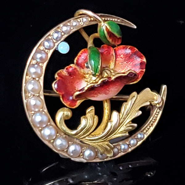 Art Nouveau Pearl Opal Enamel 14k Yellow Gold Brooch Antique Crescent Moon Poppy