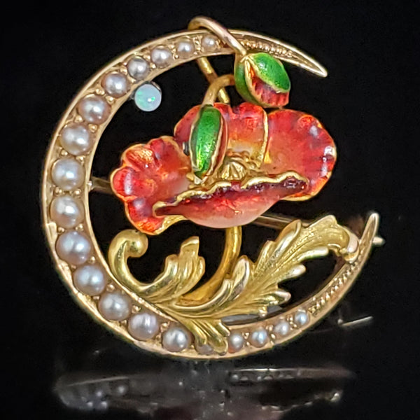 Art Nouveau Pearl Opal Enamel 14k Yellow Gold Brooch Antique Crescent Moon Poppy