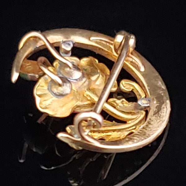Art Nouveau Pearl Opal Enamel 14k Yellow Gold Brooch Antique Crescent Moon Poppy