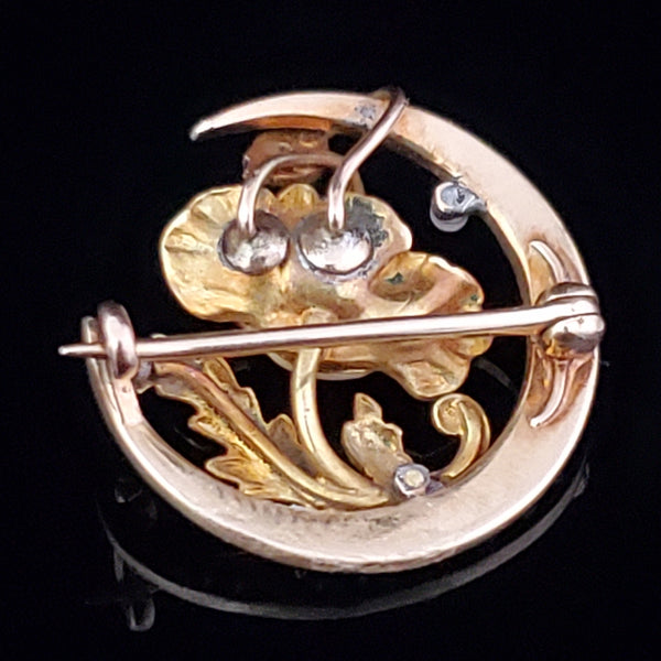 Art Nouveau Pearl Opal Enamel 14k Yellow Gold Brooch Antique Crescent Moon Poppy