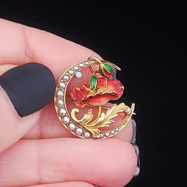 Art Nouveau Pearl Opal Enamel 14k Yellow Gold Brooch Antique Crescent Moon Poppy