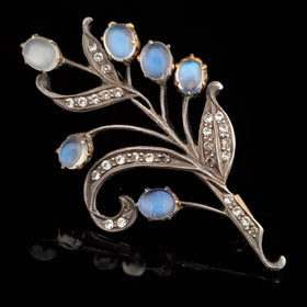Antique Diamond Moonstone 14k Yellow Gold with Silver Top Brooch Pin Floral