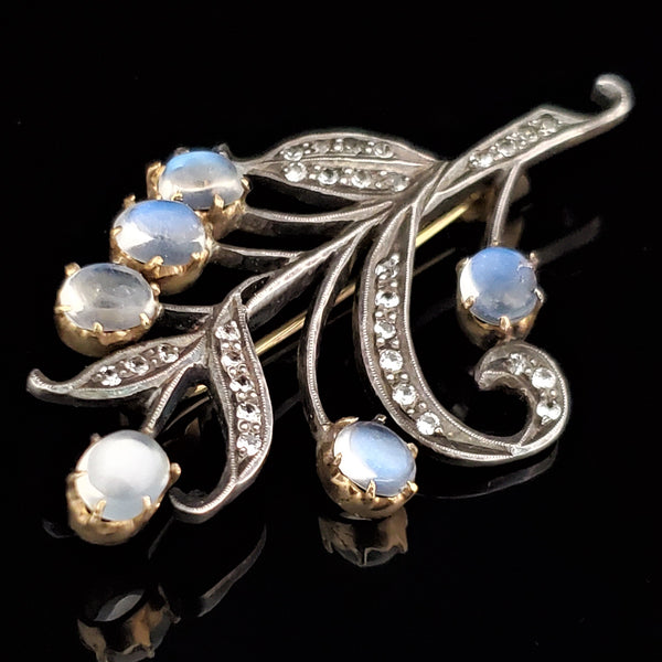 Antique Diamond Moonstone 14k Yellow Gold with Silver Top Brooch Pin Floral