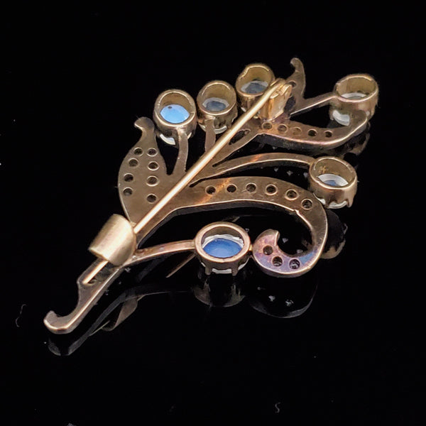 Antique Diamond Moonstone 14k Yellow Gold with Silver Top Brooch Pin Floral