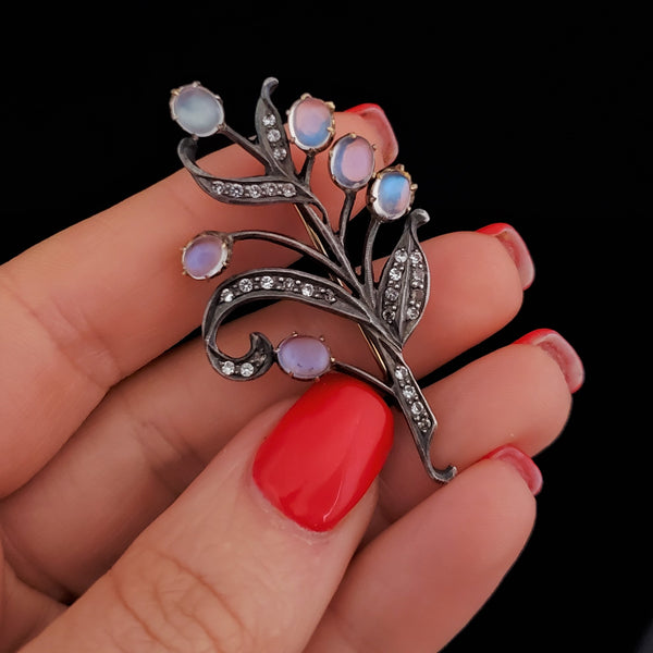 Antique Diamond Moonstone 14k Yellow Gold with Silver Top Brooch Pin Floral