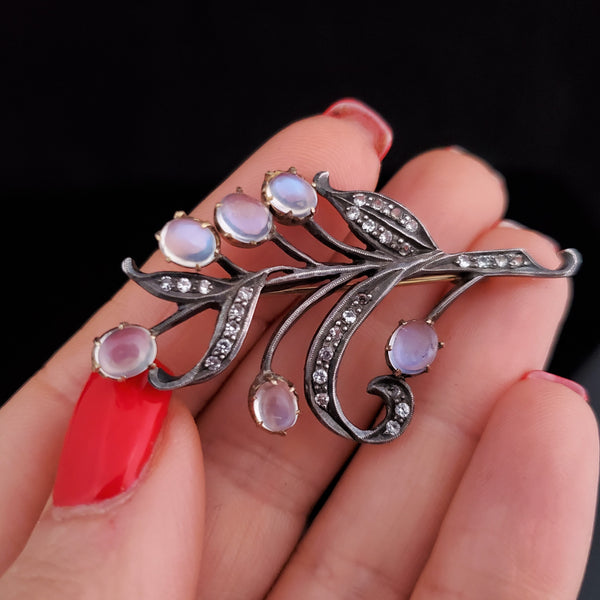 Antique Diamond Moonstone 14k Yellow Gold with Silver Top Brooch Pin Floral