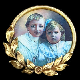 Antique Hand Painted Miniature Portrait in 14k Yellow Gold Brooch Pin Boy Girl