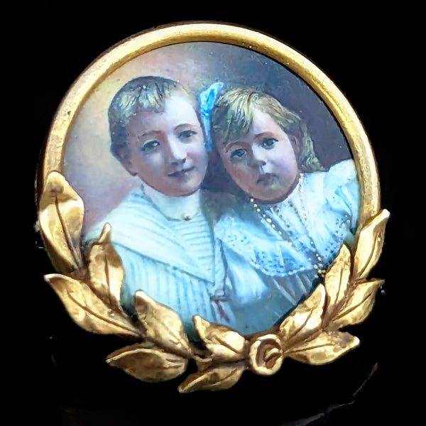 Antique Hand Painted Miniature Portrait in 14k Yellow Gold Brooch Pin Boy Girl